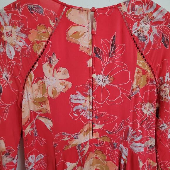 Free People All Eyes On You Floral Mini Swing Dress 4 Coral 3/4 Bell Sleeve - Picture 14 of 16